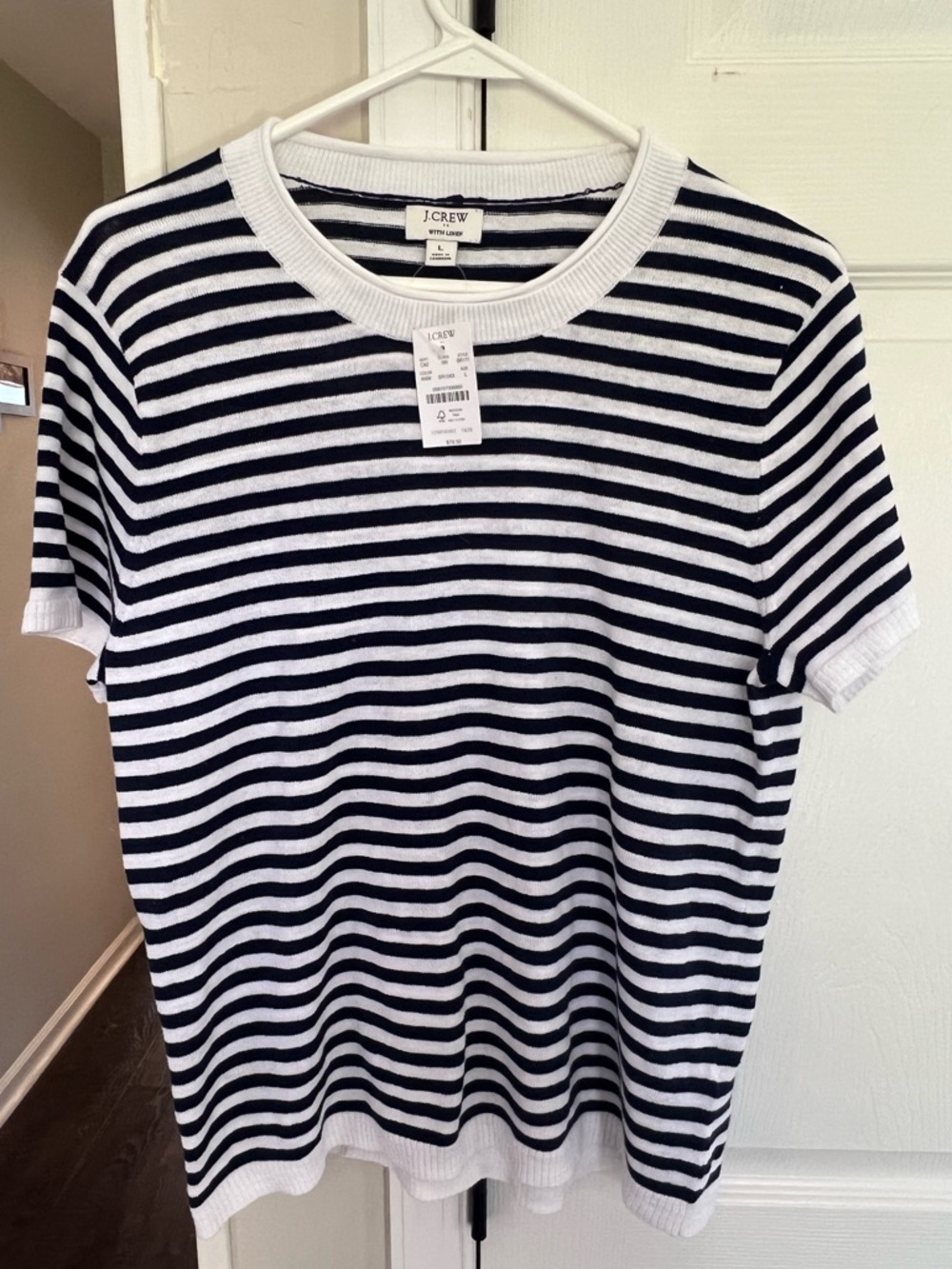 J. Crew Navy and White Striped Linen Blend Tee NWT Women Large